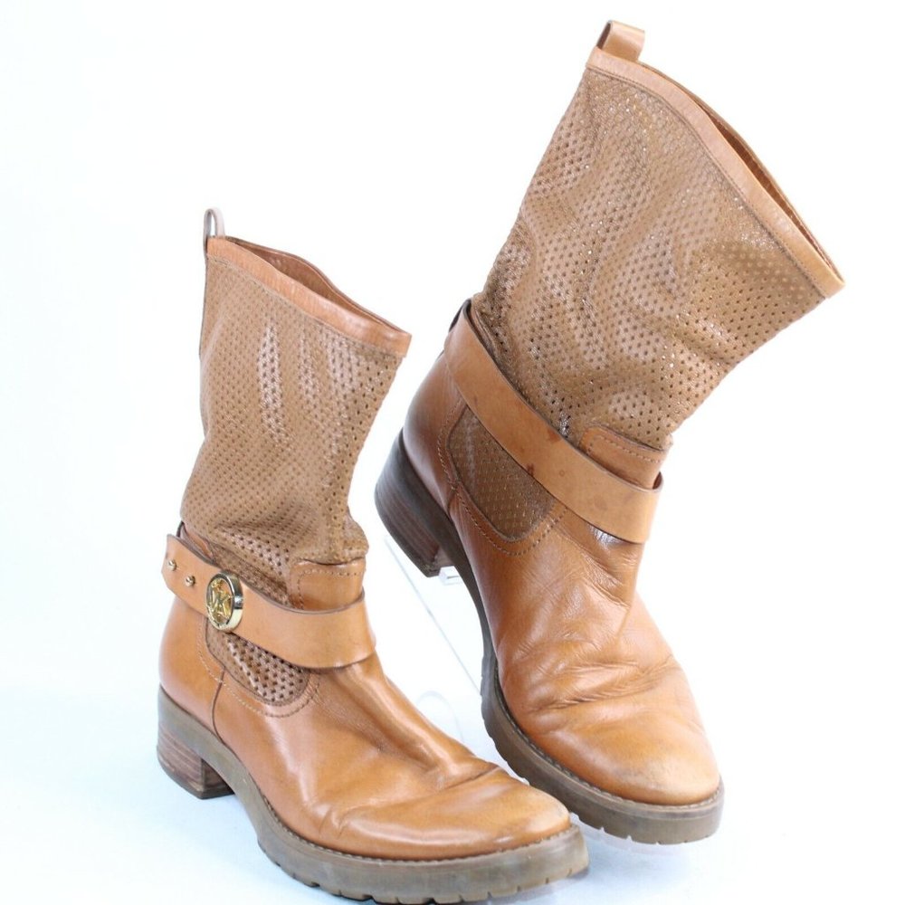 Michael Kors Womens Sz 7.5 Daria Luggage MK Logo Perforated Brown Leather Boots - Picture 2 of 10